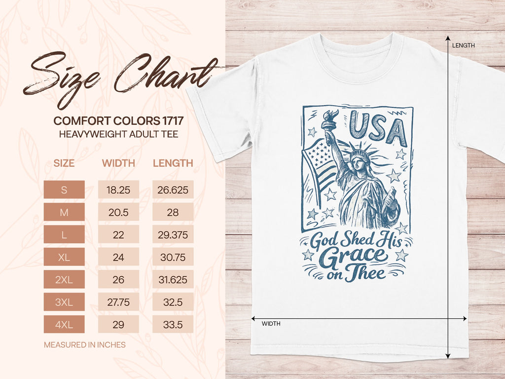 Comfort Colors 1717 size chart with USA Statue of Liberty graphic.