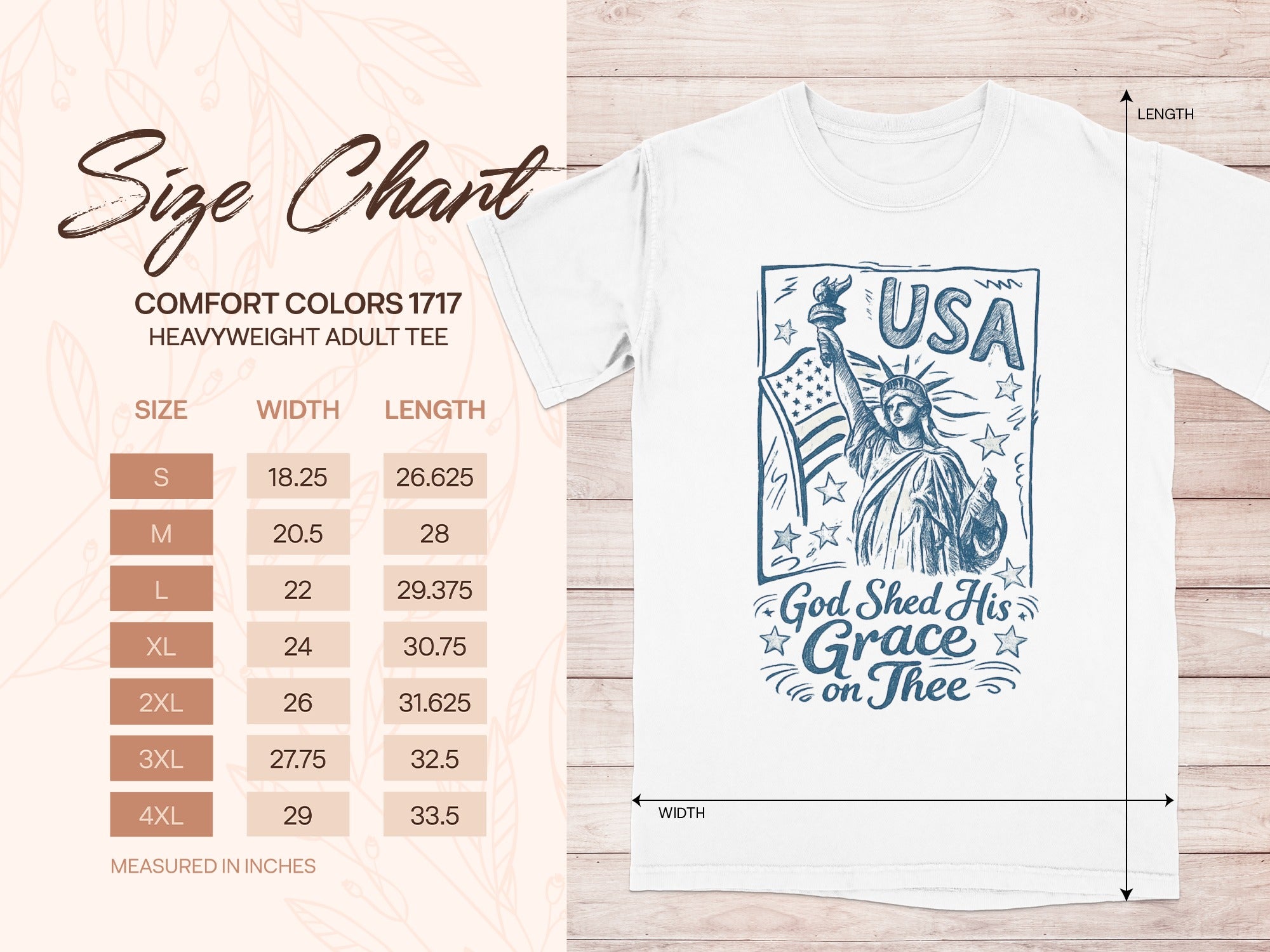 Comfort Colors 1717 size chart with USA Statue of Liberty graphic.