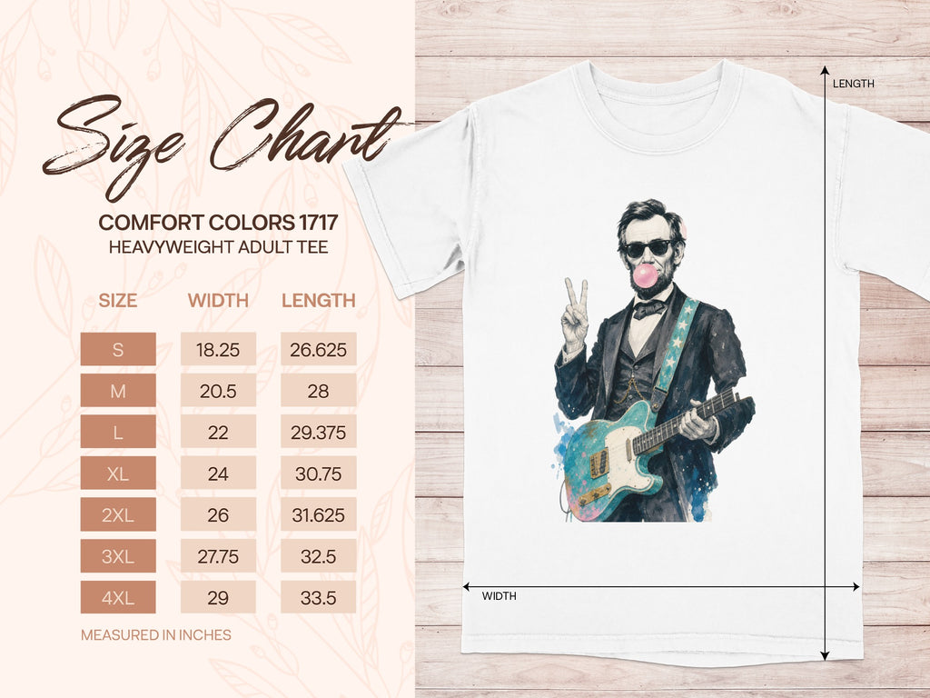 Size chart for Comfort Colors 1717 heavyweight adult tee with sizes and measurements.