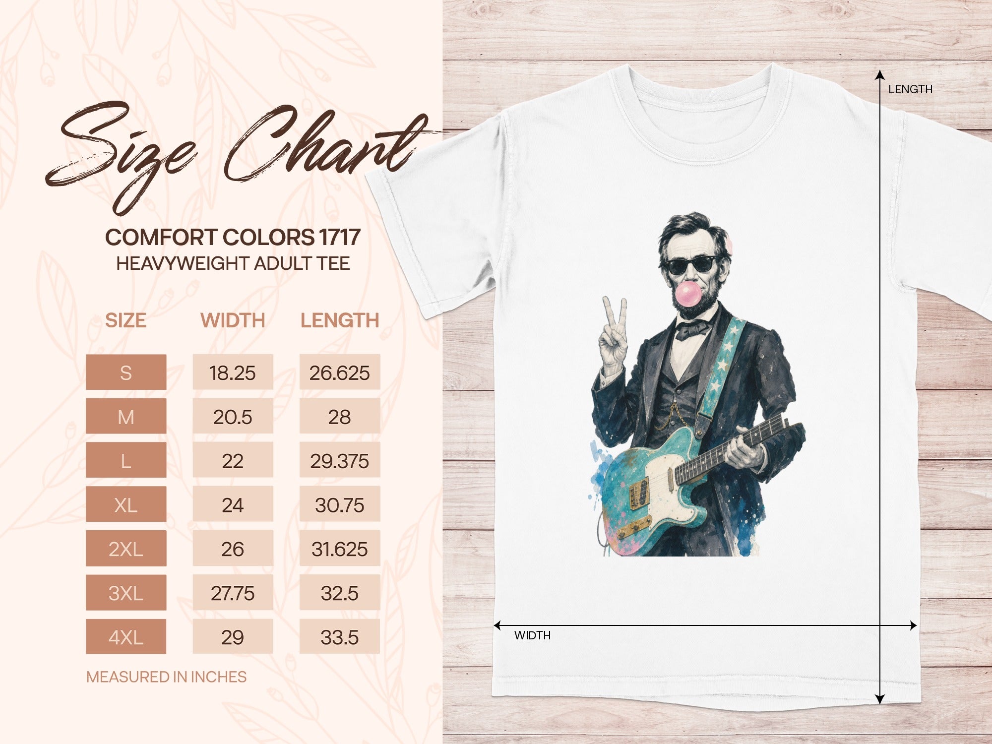 Size chart for Comfort Colors 1717 heavyweight adult tee with sizes and measurements.