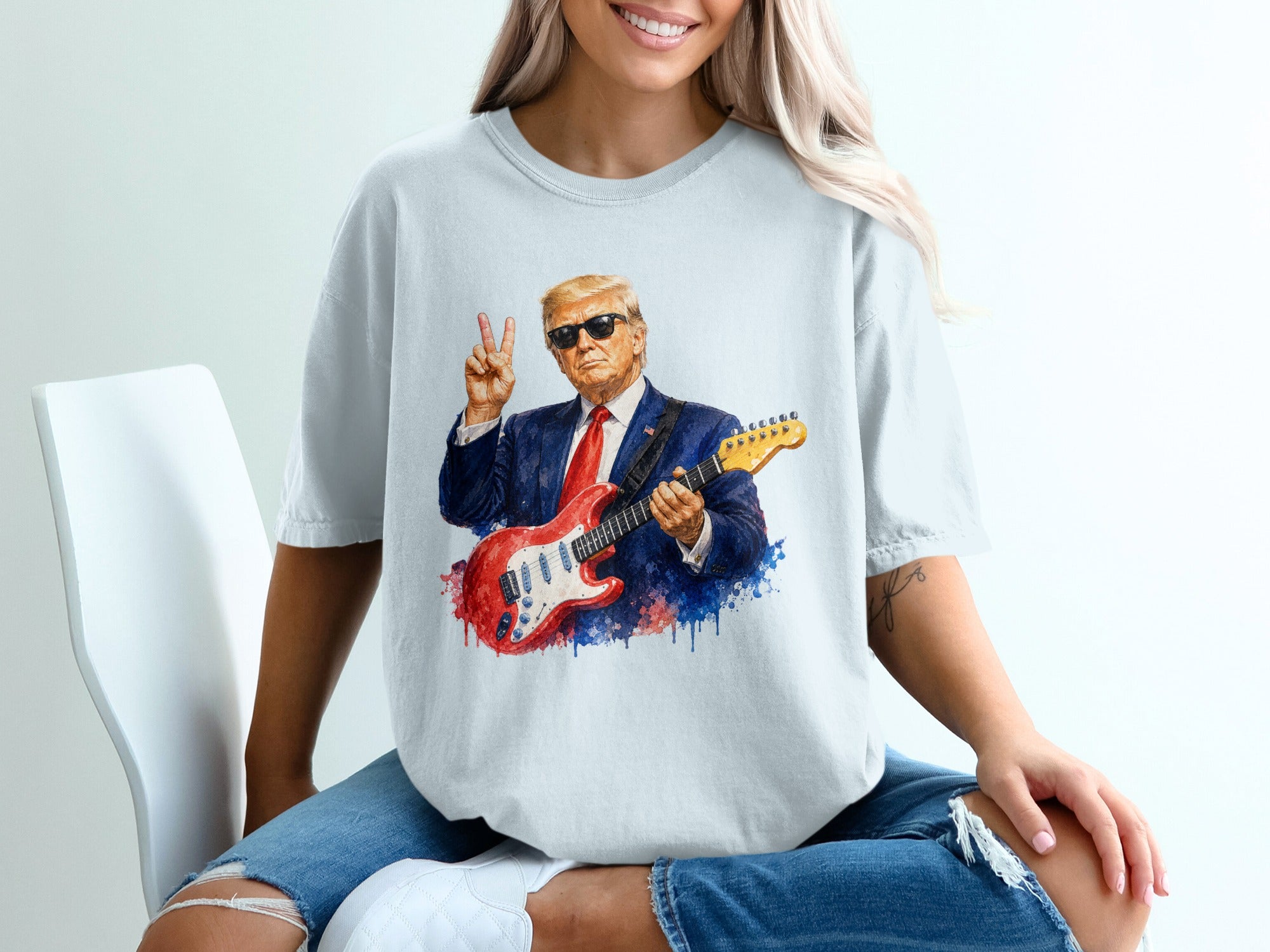 Donald Trump in a suit playing a red electric guitar, giving peace sign.