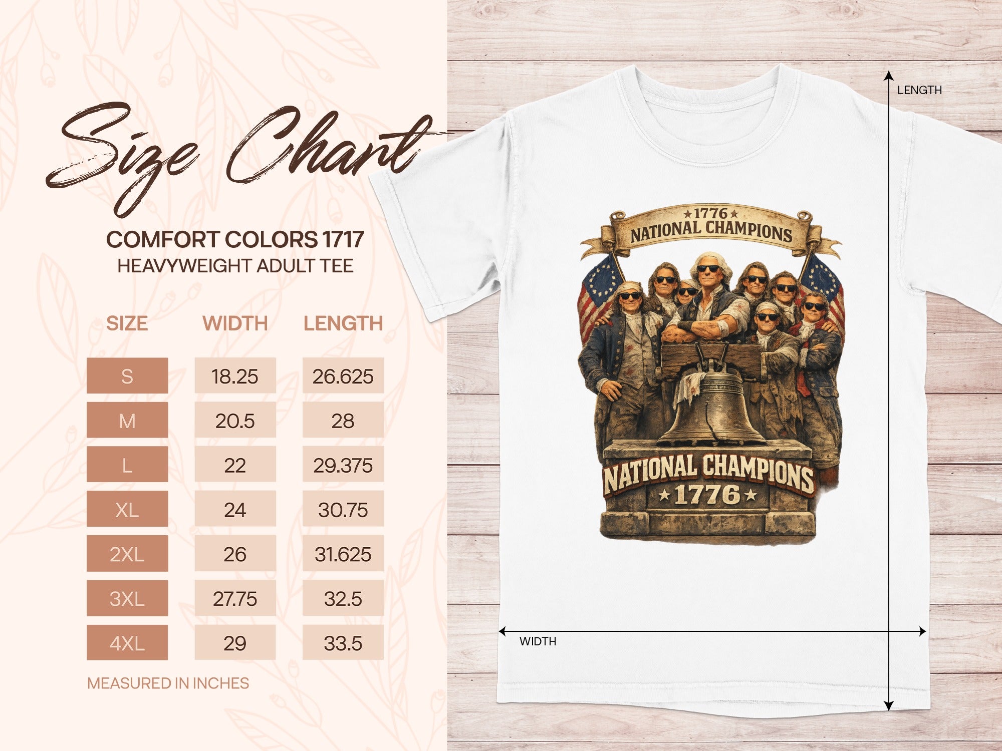 Size chart for Comfort Colors 1717 heavyweight adult tee with champions graphic.