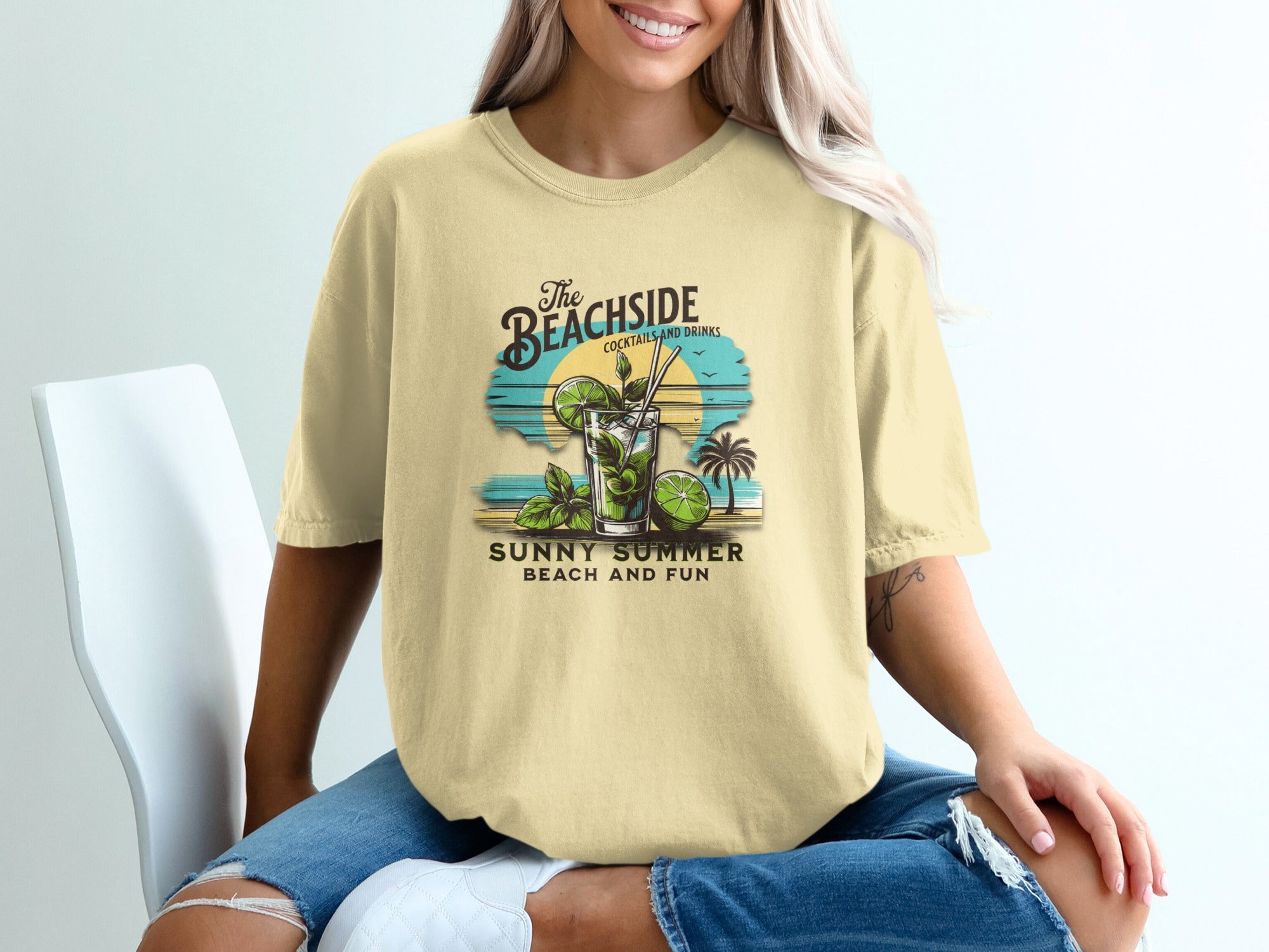 Beachside cocktails and drinks design with "Sunny Summer" text.