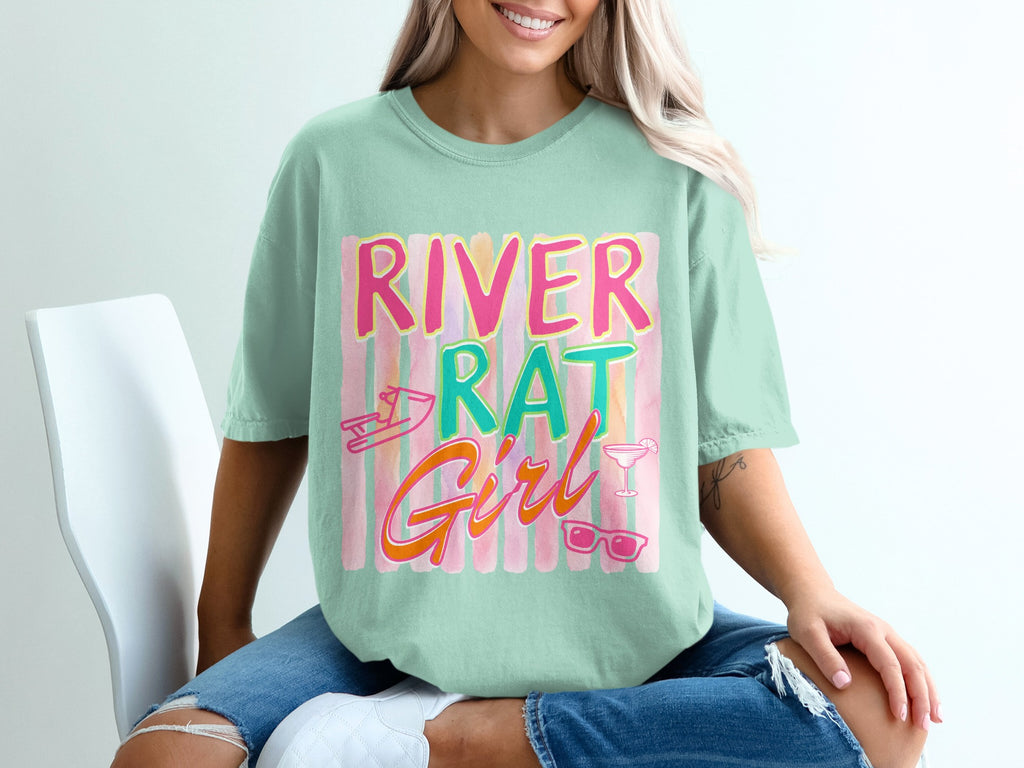 Mint green t-shirt with "River Rat Girl" text and summer icons.