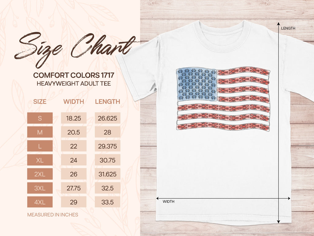 Comfort Colors 1717 size chart for heavyweight adult tee, showing width and length.