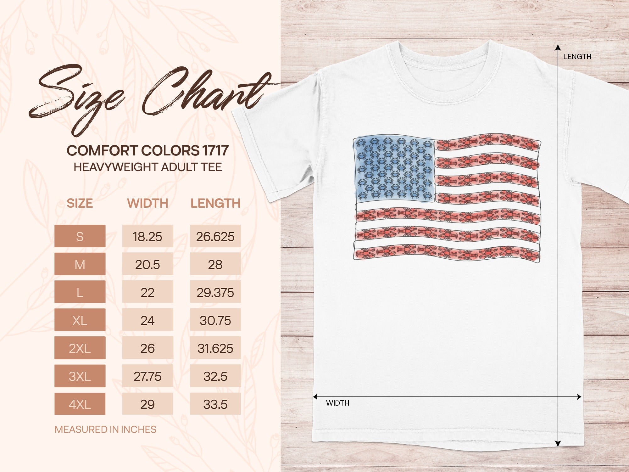 Comfort Colors 1717 size chart for heavyweight adult tee, showing width and length.