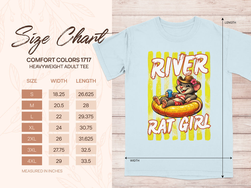 Comfort Colors 1717 size chart showing measurements for a "River Rat Girl" t-shirt.