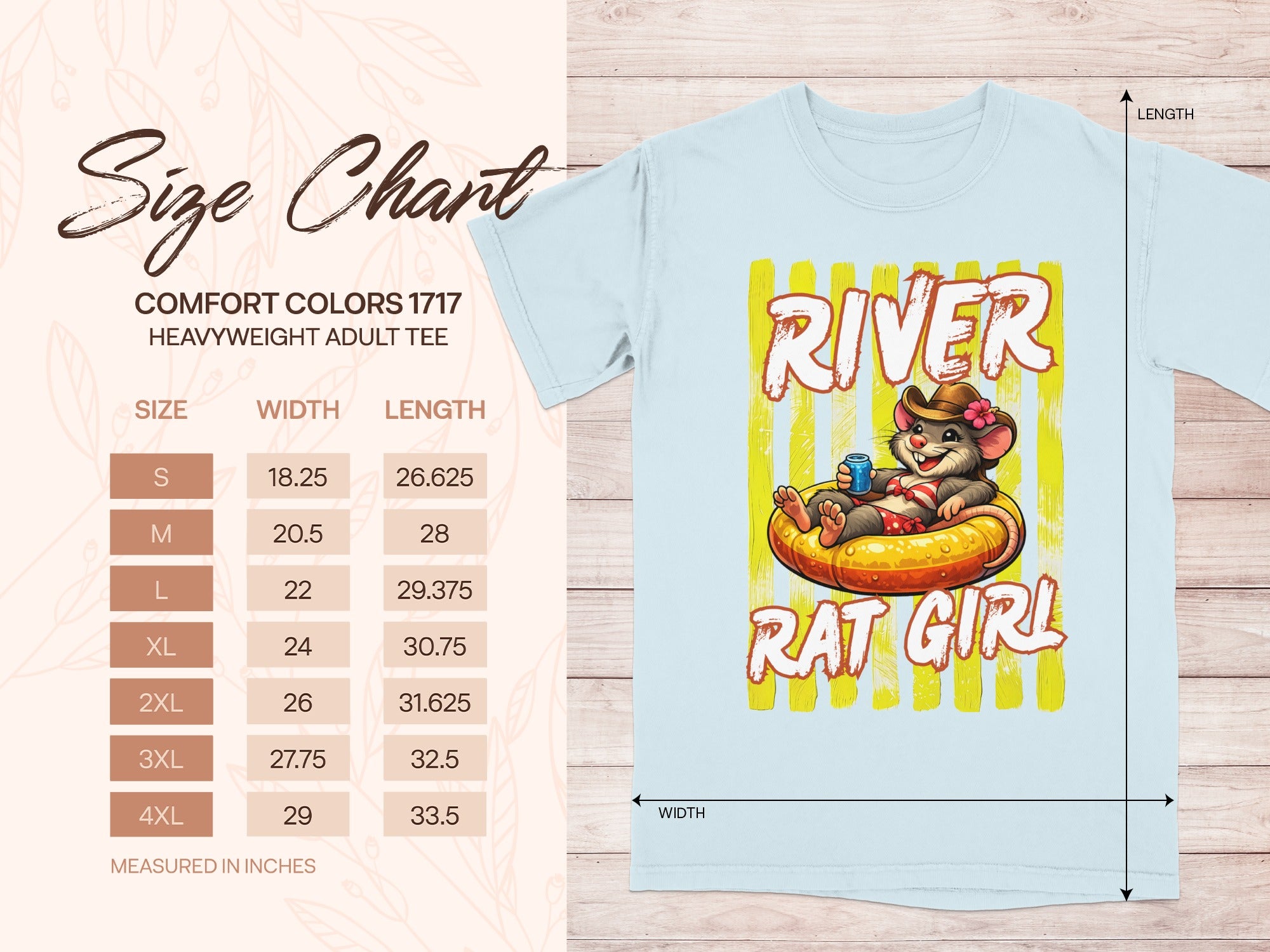 Comfort Colors 1717 size chart showing measurements for a "River Rat Girl" t-shirt.