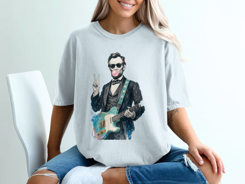 Abraham Lincoln in a suit playing a colorful guitar and blowing a bubblegum bubble.
