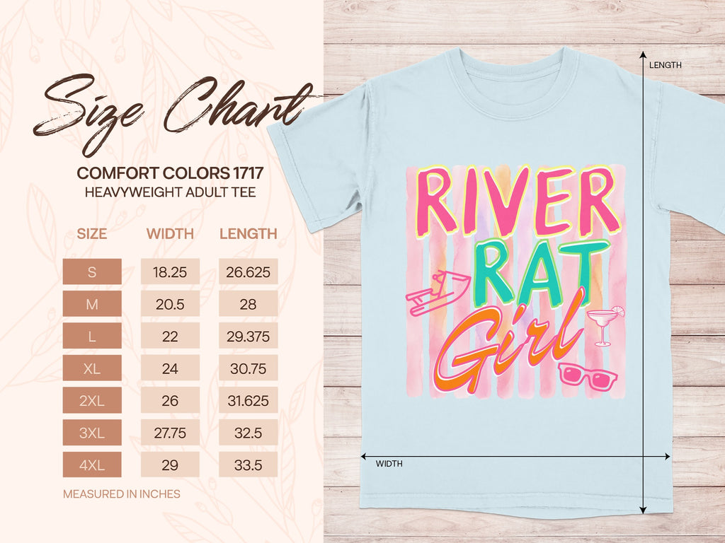 Comfort Colors 1717 heavyweight adult tee size chart with width and length measurements.