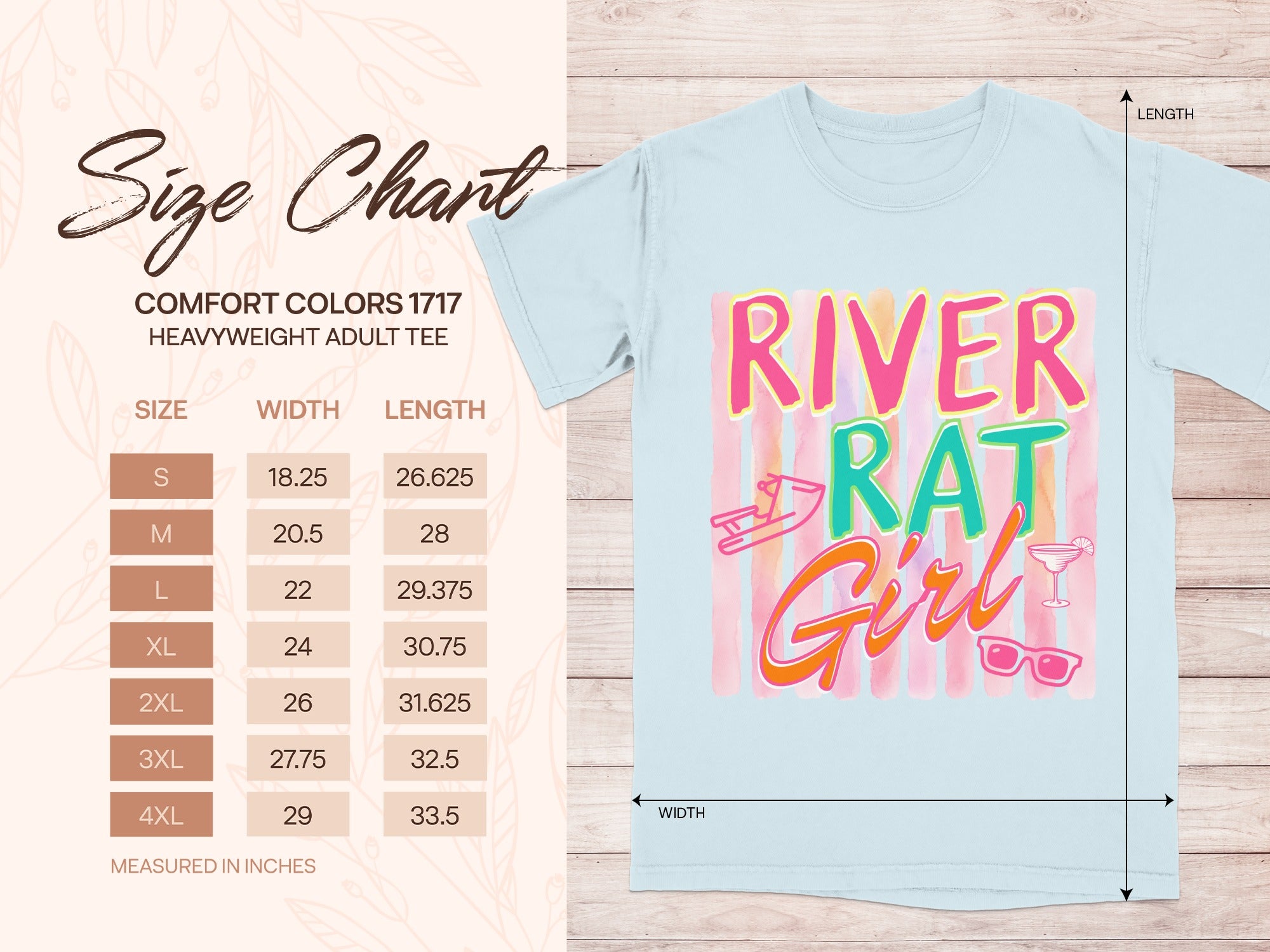 Comfort Colors 1717 heavyweight adult tee size chart with width and length measurements.