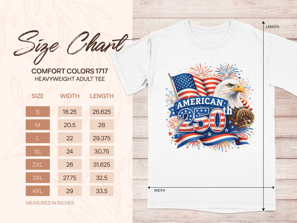 Comfort Colors 1717 adult tee size chart with American flag graphic.