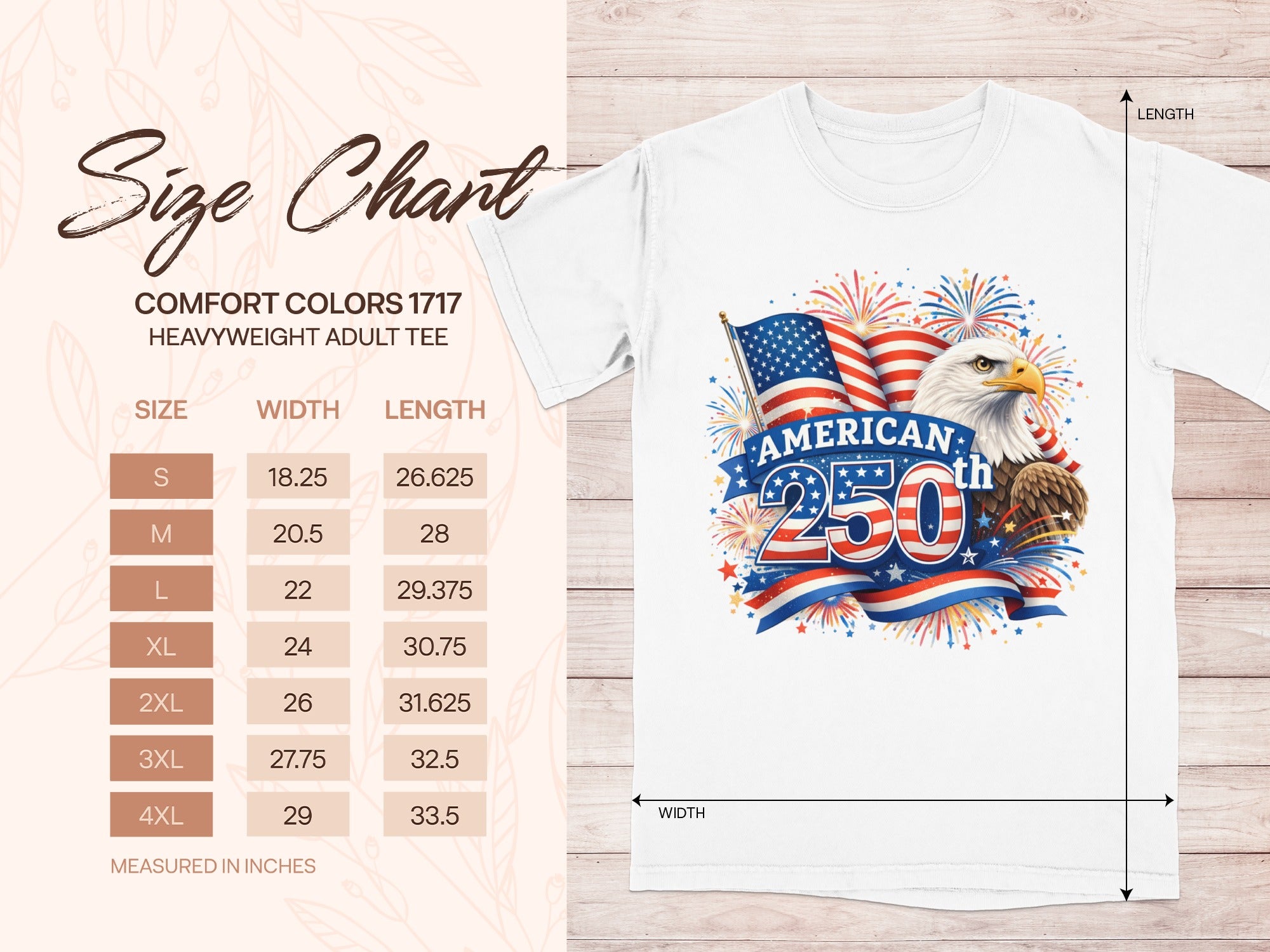 Comfort Colors 1717 adult tee size chart with American flag graphic.