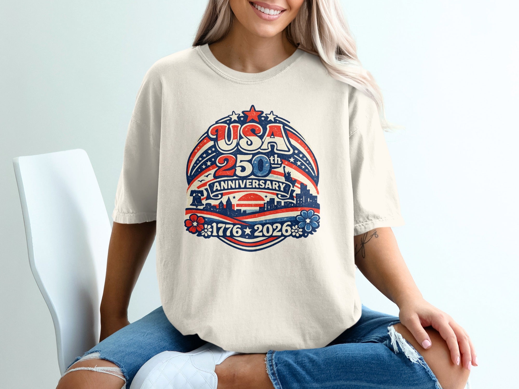 T-shirt with "USA 250th Anniversary 1776-2026" text and patriotic graphics.